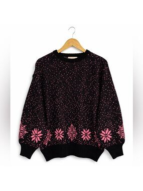 Vintage Black Pink Nordic Knit Sweater 80s 90s Large